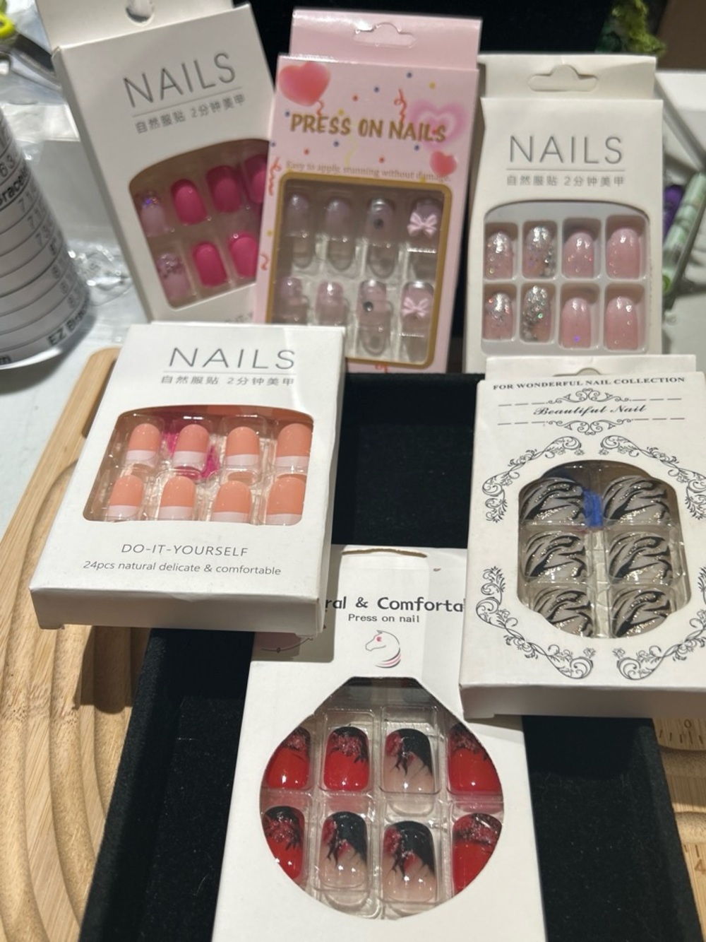 Assorted Press-On/ glue on Nail Set - Pink, Red, Black & Neutral (6pcs)